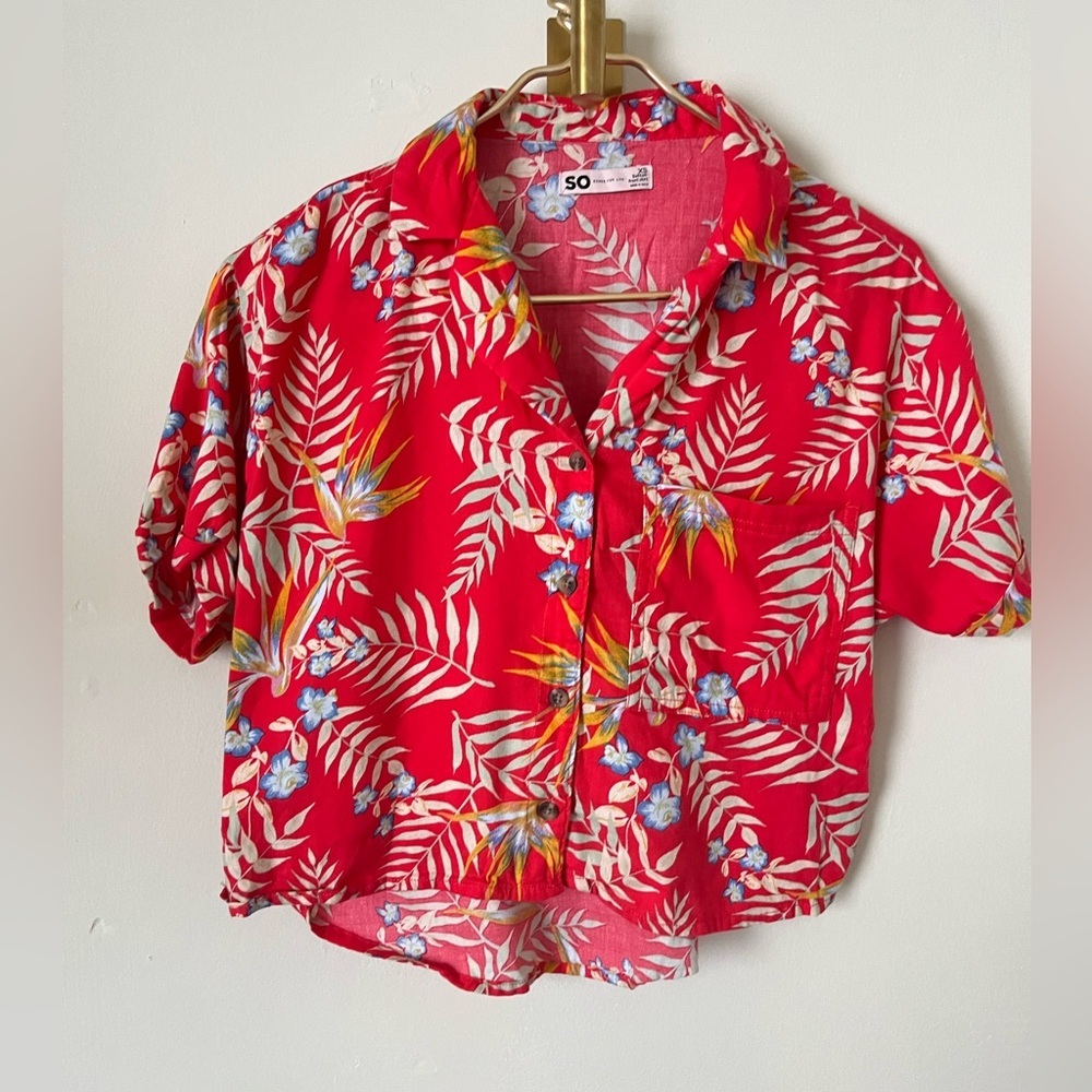SO Red Floral Cropped Button-Up Hawaiian summer cropped Shirt XS